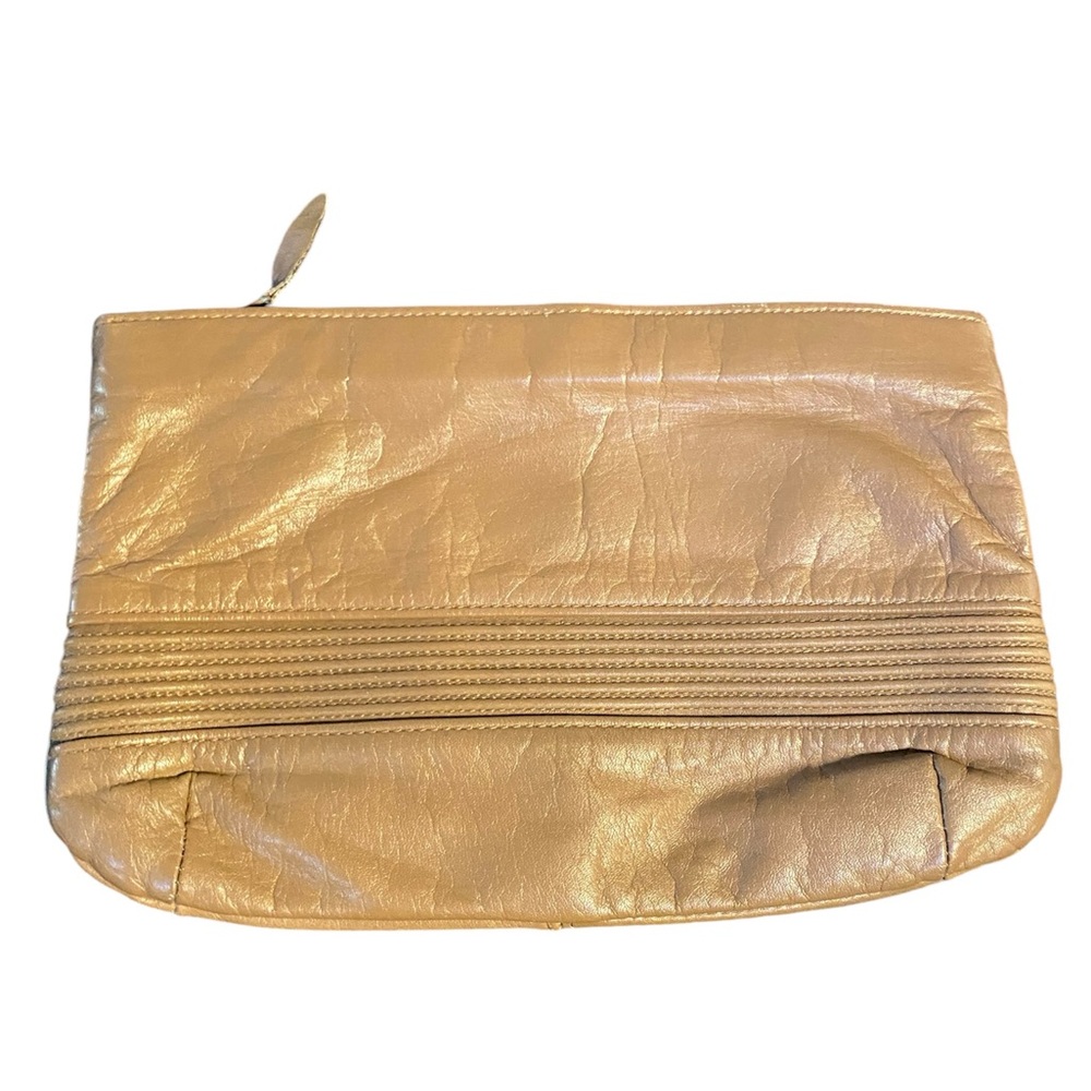 Vintage Contessa Tan Leather Clutch Handbag Raised Line Band Zip Top 11"x6.5"